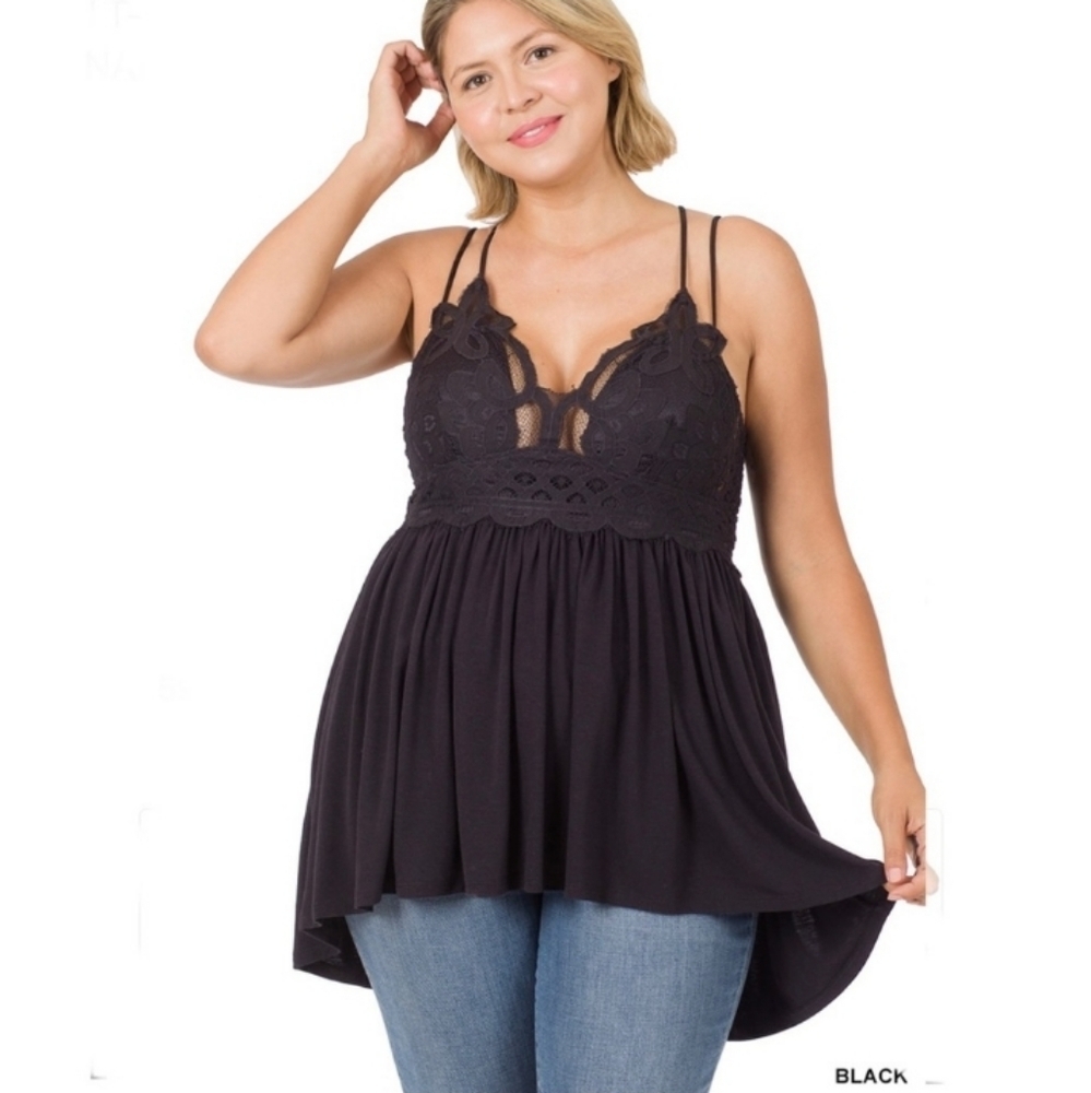 ZENANA Outfitters Adeline Black Crochet Lace Plus Size Camisole Shirt Blouse Top